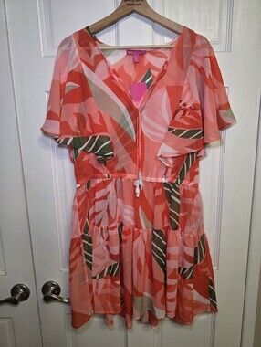 NVLT Novelti Coral Leaf Print Tropical Beach Swim Bathing Suit Coverup- Lg NWT